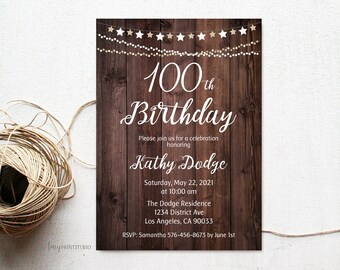 100th Birthday Invitation, Birthday Party Invitation, Wood Invitation, Rustic Invitation, PERSONALIZED, Digital file, #W216