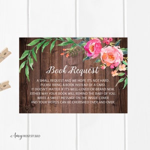 Breng een boek Baby Shower Insert, Floral Rustic Breng een boek in plaats van een kaart, boekverzoek, INSTANT DOWNLOAD, digitaal bestand, #A04