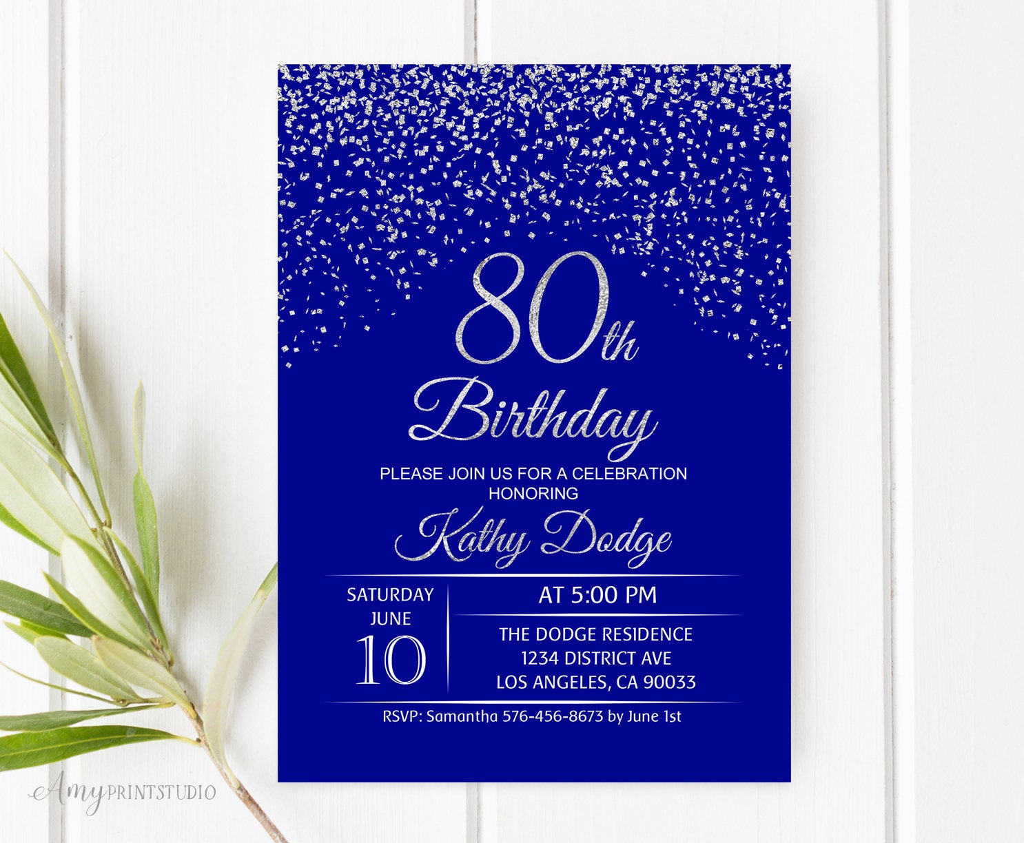 80th Birthday Invitation Royal Blue Silver Birthday Etsy