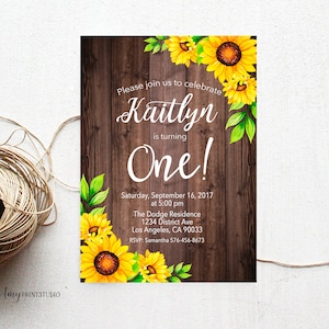 1st Birthday Invitation, Rustic First Birthday Invitation, Girl Birthday Invitation, Sunflower Invitation, PERSONALIZED, Digital file, #K31