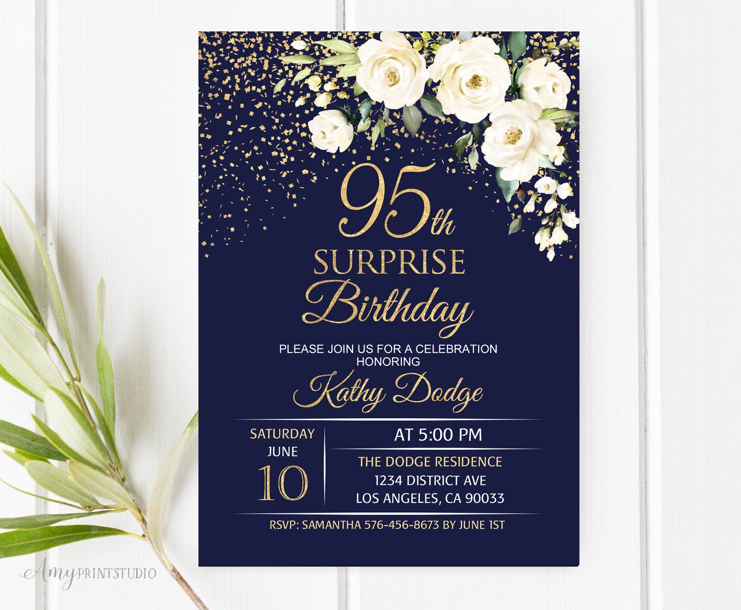 95th-birthday-invitation-navy-gold-birthday-invitation-etsy