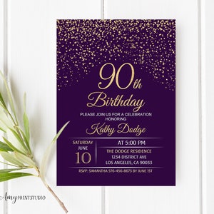 90th Birthday Invitation, Purple Gold Birthday Invitation, Purple and Gold Birthday Invite, PERSONALIZED, Digital file, #W17
