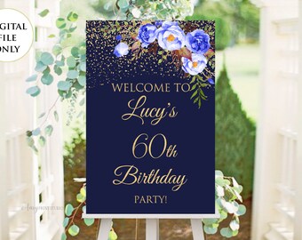 Welcome Birthday Sign, Welcome sign, Navy Gold Birthday Welcome Sign, Floral Welcome Sign, Any Age, PERSONALIZED, Digital file, #W178