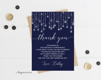 Thanks-Card, Navy Silver Birthday, Blue and Silver Thank You Card, PERSONALIZED, Digital file, #W130