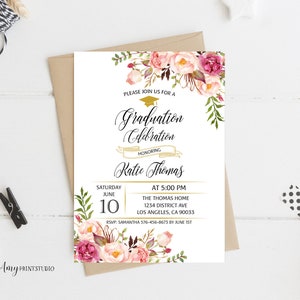 Graduation Invitation, Graduation Party Invite, Floral Graduation Invitation, PERSONALIZED, Digital file, #G04