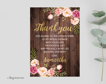 Thanks-Card, Floral Bridal Shower Thank You Card, Wood Bridal Shower, PERSONALIZED, Digital file, #D07