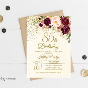 85th Birthday Invitation, Floral Ivory Birthday Invitation, Cream Burgundy Birthday Invite, PERSONALIZED, Digital file, #W92