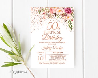 50th Surprise Birthday Invitation, Floral Women Birthday Invitation, Birthday Invite, Rose Gold, PERSONALIZED, Digital file, #W99