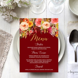 Menu Birthday, Floral Women Birthday Invitation, Fall Floral Gold Birthday, PERSONALIZED, Digital file, #W12