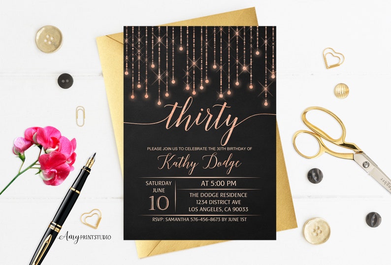 30th Birthday Invitation, Rose Gold Birthday Invitation, Chalkboard Birthday Invite, PERSONALIZED, Digital file, W19 image 1