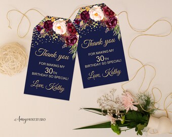 Floral Birthday Favor Tags, Floral Birthday Invite, Navy Birthday, Gold invite, PERSONALIZED, Digital file, #W36