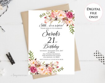 Surprise 21st Birthday Invitation, Women Birthday Invitation, Any Age Women Birthday Invite, PERSONALIZED, Digital file, #W01