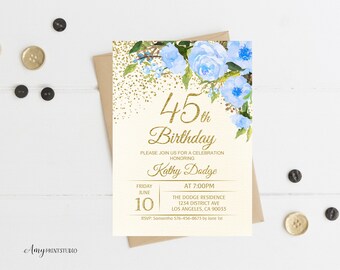 45th Birthday Invitation, Floral Ivory Birthday Invitation, Cream Birthday Invite, PERSONALIZED, Digital file, #W39