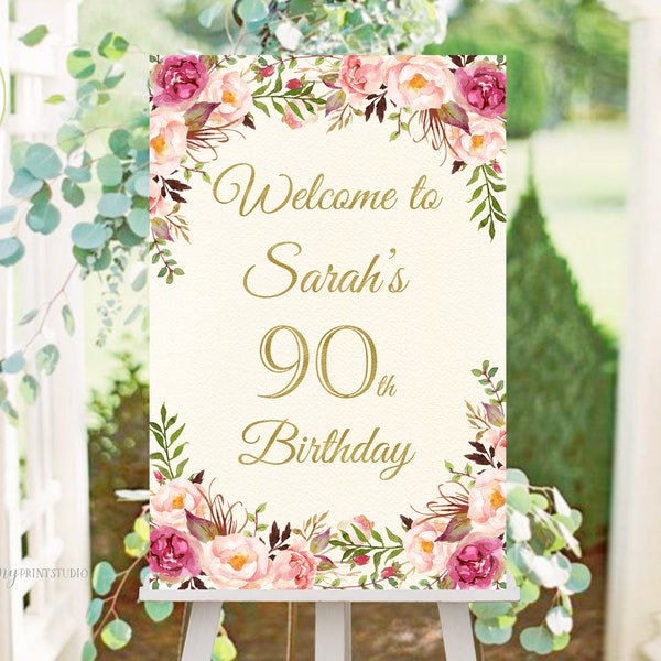 Welcome Birthday Sign, Welcome sign Printable, Ivory Birthday Welcome Sign, Floral Welcome Sign, Any Age, PERSONALIZED, Digital file, #W06