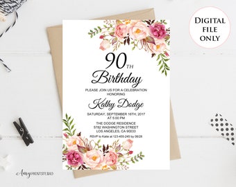 May include: A white invitation card with pink and red floral illustrations. The text reads "90th Birthday" and includes details for a celebration honoring Kathy Dodge. The event is scheduled for Saturday, September 16th, 2017 at 5:00 PM at The Dodge Residence, 5782 Washington Street, Los Angeles, CA 90033. RSVP to Katie at 123-455-245 by 08/28.