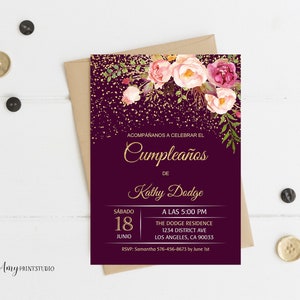 Spanische Geburtstagseinladung, Florale Geburtstagseinladung, Lila Geburtstagseinladung, PERSONALISIERT, Digitale Datei, #W106
