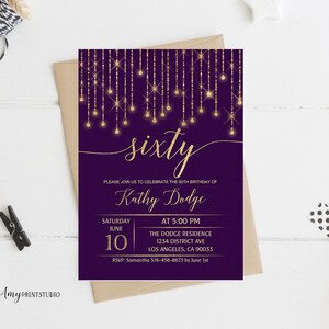 60th Birthday Invitation, Purple Birthday Invite, Purple and Gold Birthday Invite, Any age, PERSONALIZED, Digital file, #W14