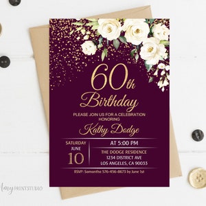 60th Birthday Invitation, Gold Birthday Invitation, Plum Gold Birthday Invite, Purple Birthday, Any Age, PERSONALIZED, Digital file, #W195