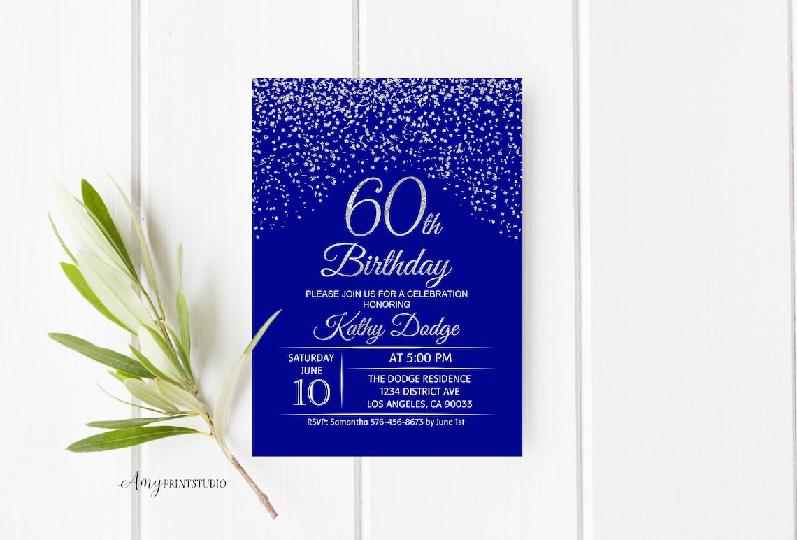 60th Birthday Invitation Royal Blue Silver Birthday - Etsy