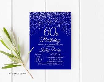 60th Birthday Invitation, Royal Blue Silver Birthday Invitation, Blue and Silver Birthday Invite, PERSONALIZED, Digital file, #W77
