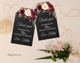 Floral Birthday Favor Tags, Floral Birthday Invite, Chalkboard Birthday, Silver invite, PERSONALIZED, Digital file, #W35