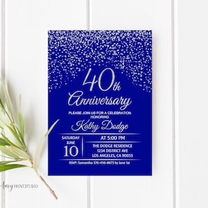 40th Anniversary Invitation, Royal Blue Silver Birthday Invitation, Blue and Silver Birthday Invite, PERSONALIZED, Digital file, #W77