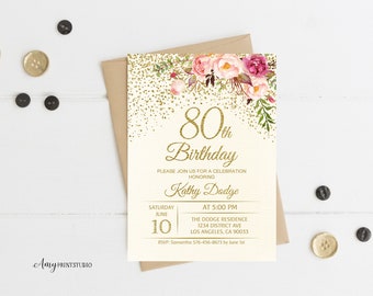 80. Geburtstagseinladung, Florale Ivory Geburtstagseinladung, Creme Geburtstagseinladung, PERSONALISIERT, Digitale Datei, #W56
