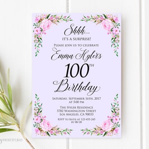 Überraschung 100. Geburtstagseinladung, Lavendel Geburtstagseinladung, Lila Blumen Geburtstagseinladung, Jedes Alter, PERSONALIZED, Digitale Datei, #W64