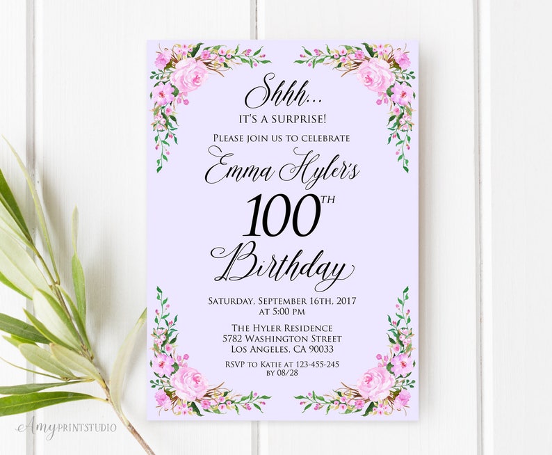 Surprise 100th Birthday Invitation Lavender Birthday Etsy