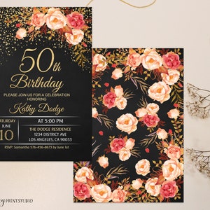 50th Birthday Invitation, Floral Women Birthday Invitation, Birthday Invite, Invitation + Back Side, PERSONALIZED, Digital file, #W194