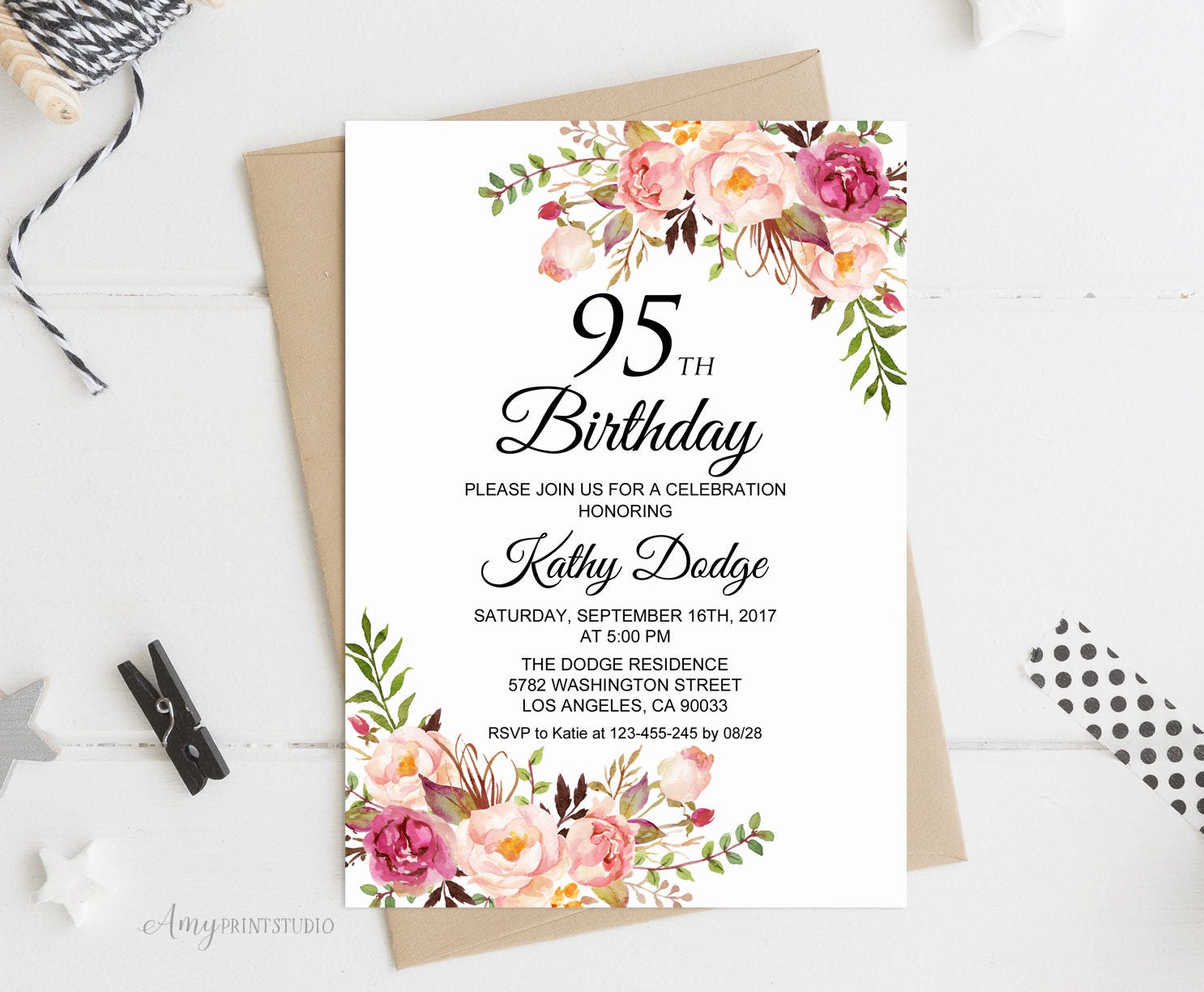 95th Birthday Invitation Floral Women Birthday Invitation Etsy
