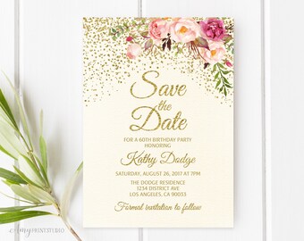 Save the Date, Birthday Save the Date, Floral Ivory Save the Date, Any Age, PERSONALIZED, Digital file, #S01