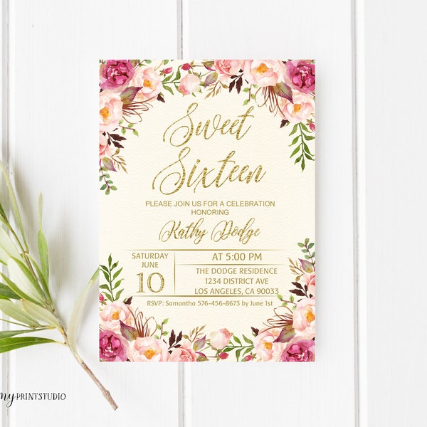 Sweet Sixteen Birthday Invitation, Floral Cream Birthday Invitation, Any Age Birthday Invite, PERSONALIZED, Digital file, #W06