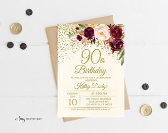 May include: A gold and white invitation with a floral design and gold glitter. The invitation reads "90th Birthday" and includes the text "Please join us for a celebration honoring Kathy Dodge".