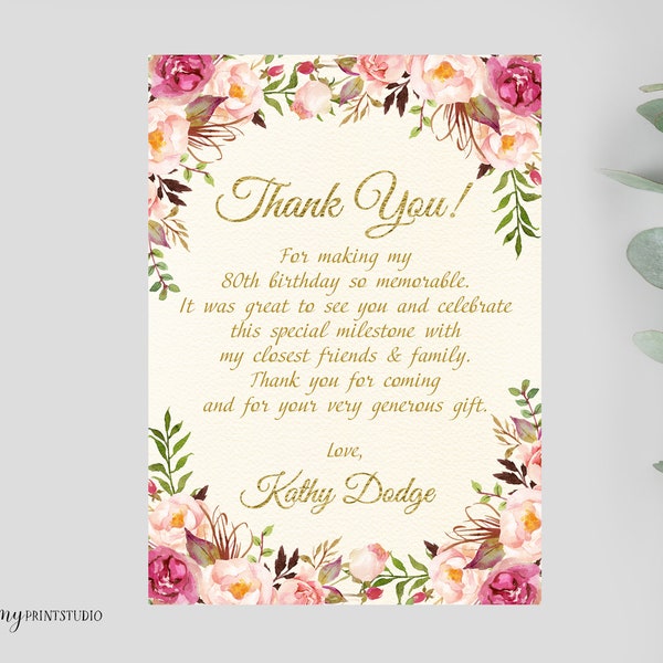 Thanks-Card, Floral Women Birthday Thank You Card, Cream Birthday, PERSONALIZED, Digital file, #W06