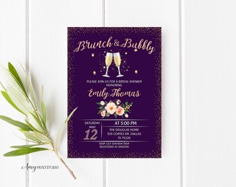 Bridal Shower Invitation, Floral Bridal Shower Invitations, Brunch and Bubbly Bridal Shower Invitation, PERSONALIZED, Digital file, #D32