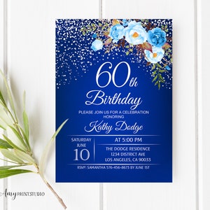 60th Birthday Invitation, Floral Invitation, Navy Birthday Invitation, Blue and White Birthday Invite, PERSONALIZED, Digital file, #W59