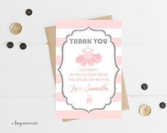 Tutu Baby Shower Thanks-Card, Ballerina Baby Shower Thank You Card, Blush Pink and Silver, PERSONALIZED, Digital file, #A10