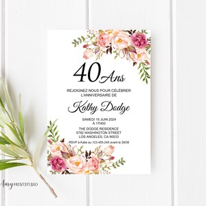 40th Birthday Invitation, Women Birthday Invitation, Any Age Women Birthday Invite, French, PERSONALIZED, Digital file, #W01