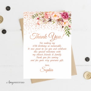 Carte de remerciement, carte de remerciement florale pour anniversaire de femme, anniversaire en or rose, personnalisée, fichier numérique, #W99