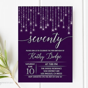 70th Birthday Invitation, Purple Birthday Invite, Glam Silver Birthday Invite, Any age, PERSONALIZED, Digital file, #W133