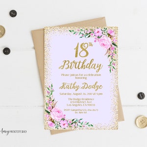 18. Geburtstagseinladung, lila Blumen Geburtstagseinladung, jedes Alter Geburtstag einladen, lila einladen, PERSONALIZED, digitale Datei, #W61