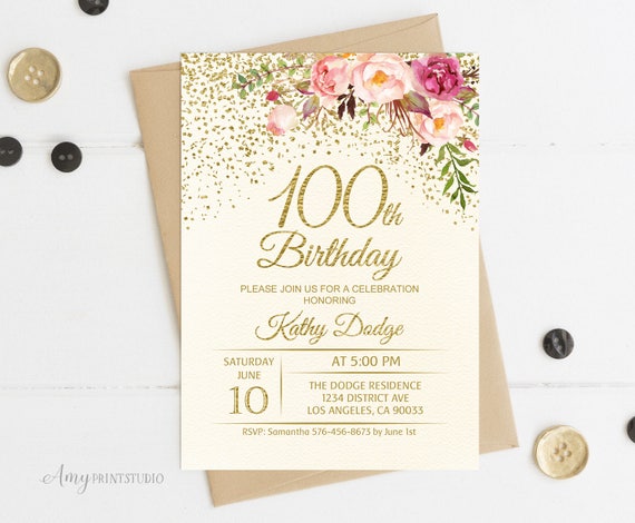 100th birthday invitation floral ivory birthday invitation etsy 100th birthday invitations