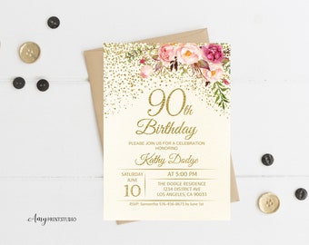 90. Geburtstagseinladung, Florale Ivory Geburtstagseinladung, Creme Geburtstagseinladung, PERSONALISIERT, Digitale Datei, #W56