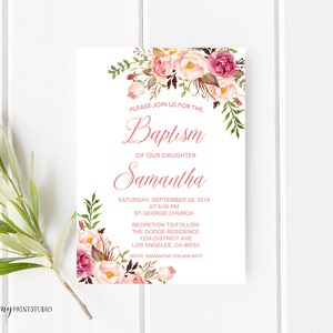 Floral Baptism Invitation, Floral invitation, Floral invite, Baptism Invitation, PERSONALIZED, Digital file, BP02