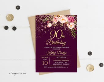 May include: A rectangular 90th birthday invitation card featuring a deep purple background with gold glitter accents at the top and a floral arrangement of pink and white roses. The text includes the name Kathy Dodge and event details.