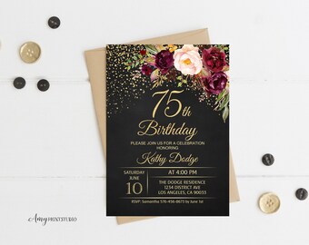 Floral 75th Birthday Invitation, Personalized Chalkboard Invite (Digital File)