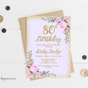80th Birthday Invitation, Purple Floral Birthday Invitation, Any Age Birthday Invite, Purple Invite, PERSONALIZED, Digital file, #W61