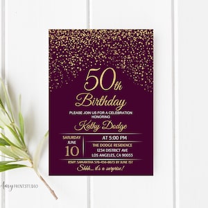 50th Birthday Invitation, Plum Gold Birthday Invitation, Purple and Gold Birthday Invite, PERSONALIZED, Digital file, #W10
