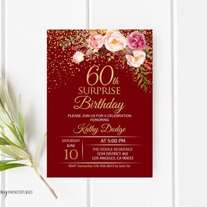 60th Birthday Invitation, Red Gold Birthday Invitation, Red and Gold Birthday Invite, PERSONALIZED, Digital file, #W86